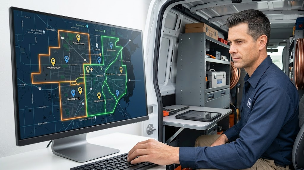 A professional HVAC service technician sitting in a service van while using a computer display to review digital map and neighborhood dispatch boundaries.