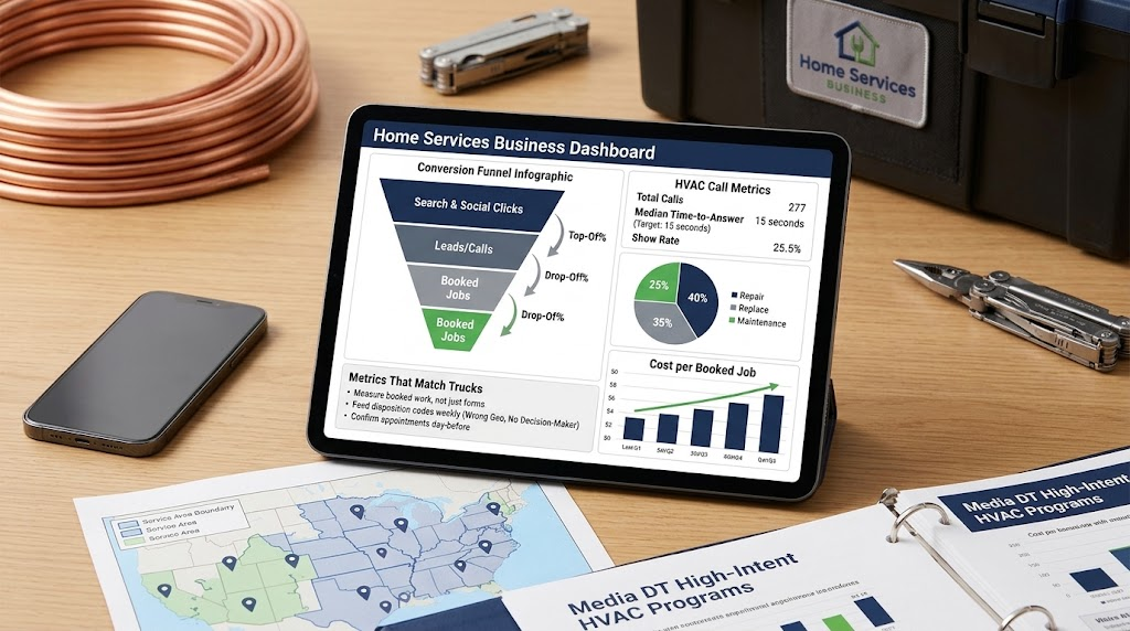 Performance analytics dashboard tracking HVAC inbound calls and cost per booked job.