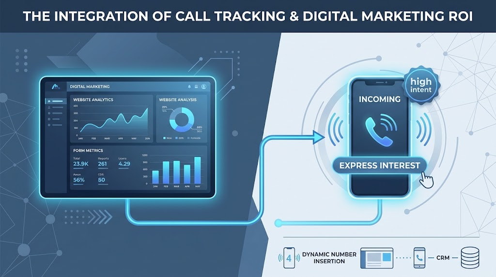 Vector illustration contrasting digital marketing analytics dashboards with high-intent inbound phone calls.