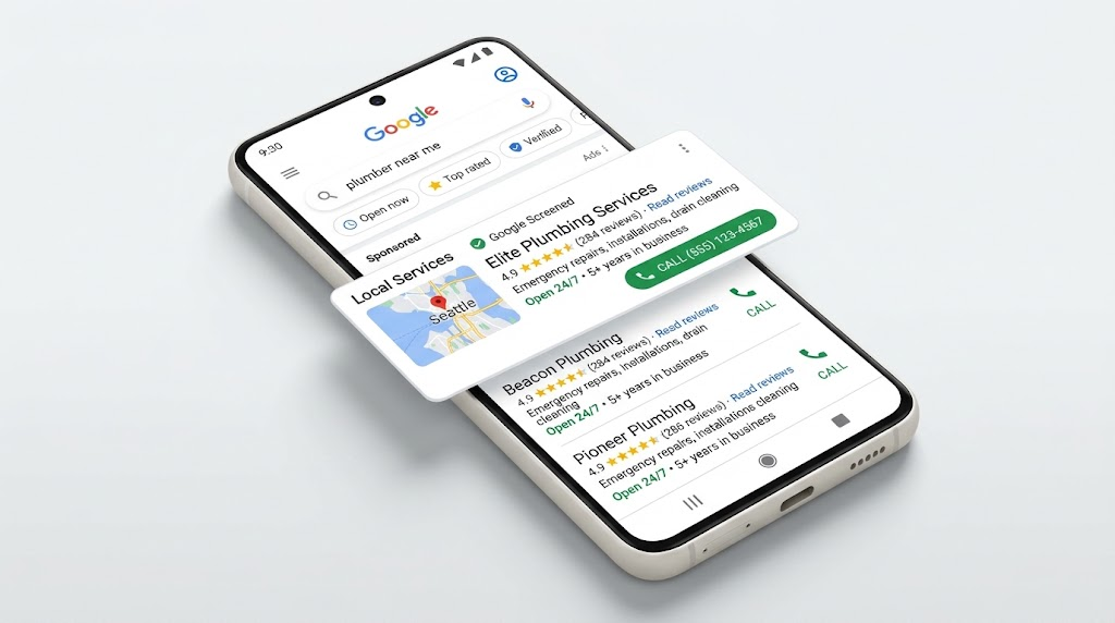 Mockup of Google Local Services Ads showing local provider profiles and reviews on a smartphone screen.