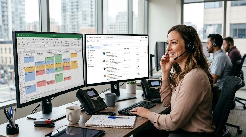 A home services dispatcher managing customer calls and scheduling appointments in a modern office