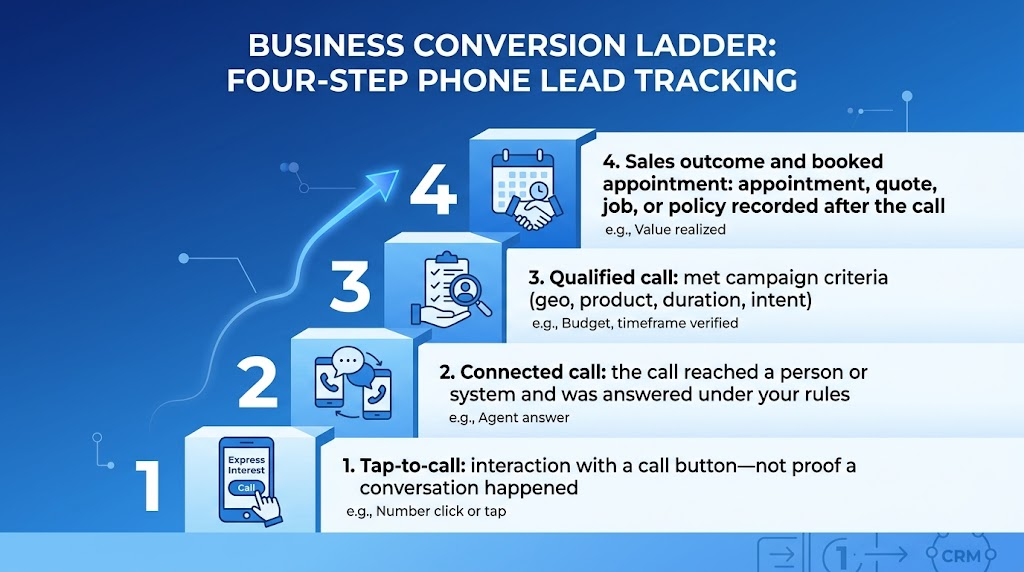 Infographic diagram illustrating the four-step event ladder of call tracking from tap-to-call to sales outcome.
