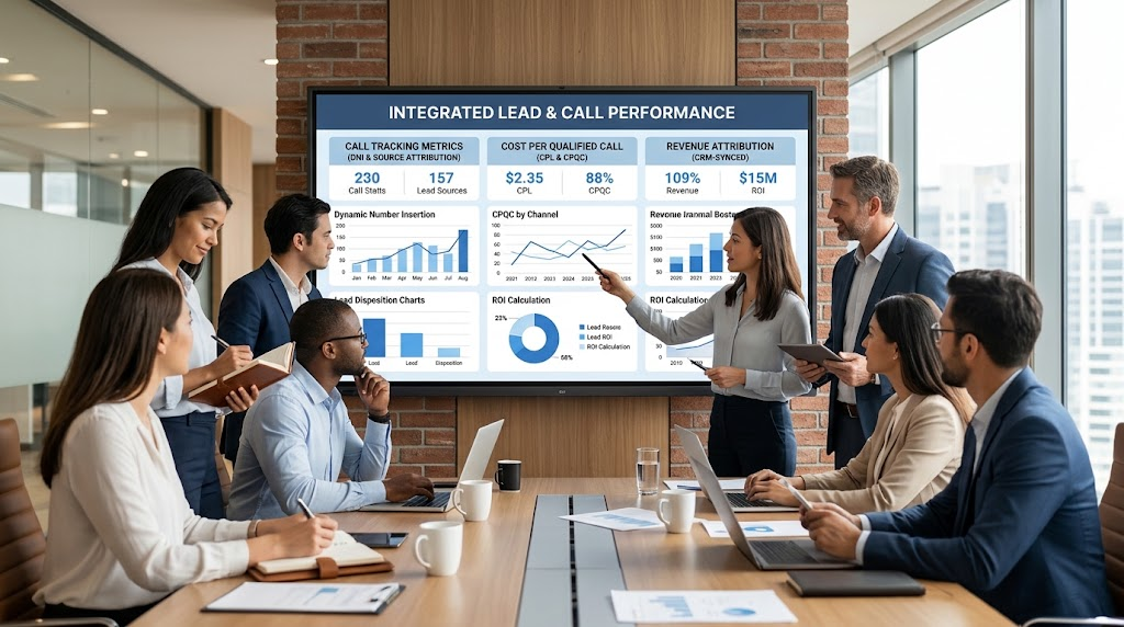 Marketing and sales team reviewing a call tracking performance scorecard in a modern office environment.