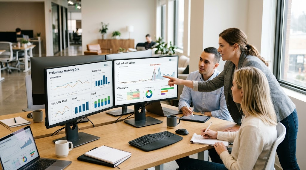 A team of digital marketing professionals collaborating in a modern office, analyzing performance metrics, conversion charts, and call volume data displayed across dual desktop monitors.