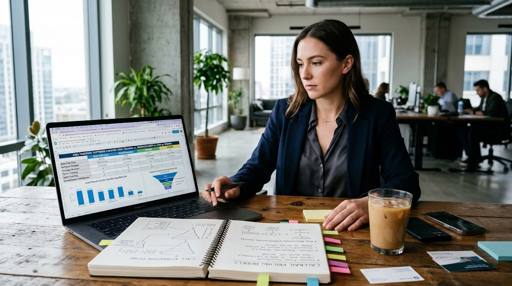 A digital marketing strategist sitting at a wooden desk in an office, reviewing call tracking software options, analytics spreadsheets, and hand-drawn pricing conversion funnels.