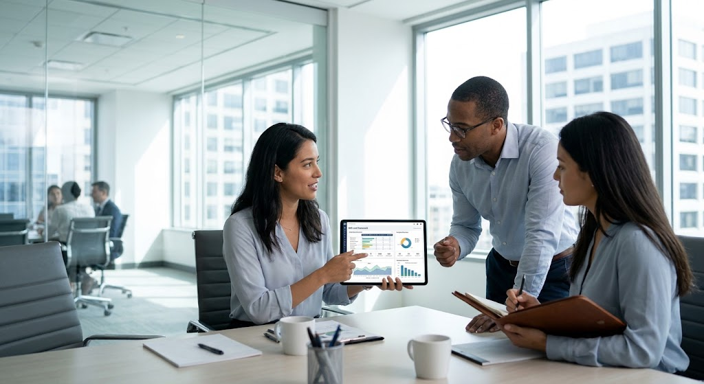 A professional business team evaluating vendor scorecards and analytics in a modern corporate office.