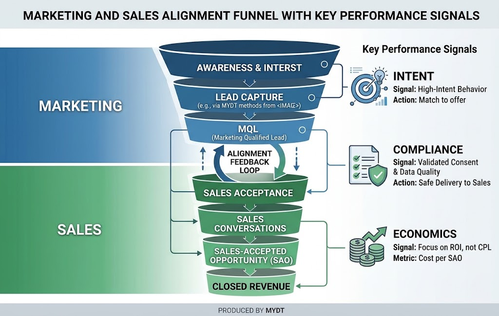 A professional diagram illustrating marketing and sales alignment funnel and performance signals.