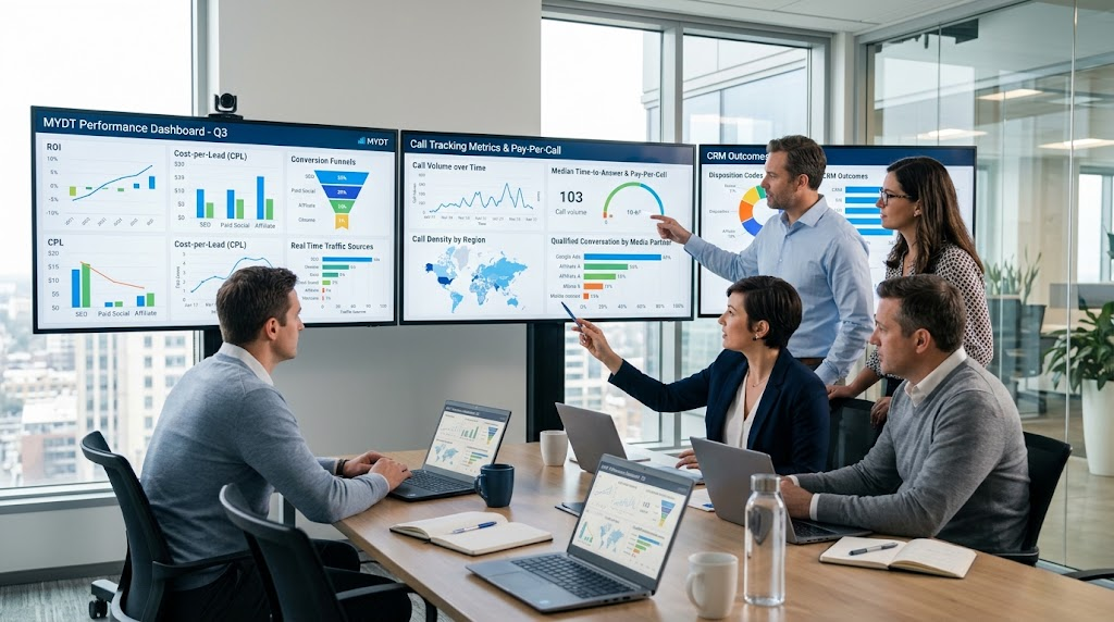 A professional business team in a modern office analyzing digital marketing dashboards and call tracking metrics on large monitors during a strategy meeting.