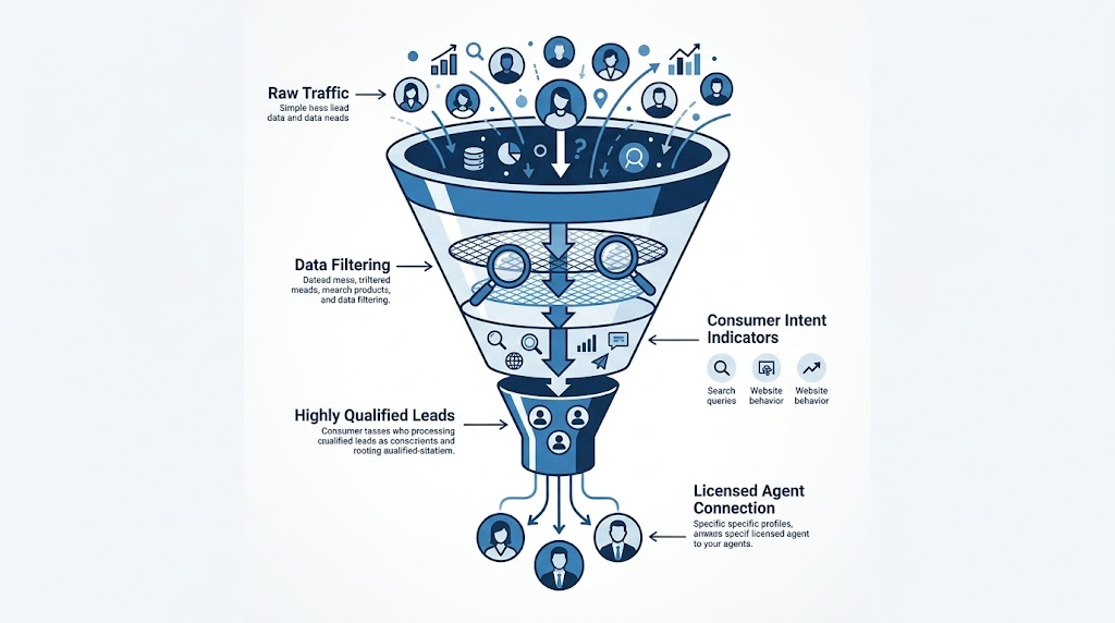 Conceptual diagram of an insurance lead funnel: raw traffic enters, gets filtered by data and intent indicators, resulting in highly qualified leads connected to agents.
